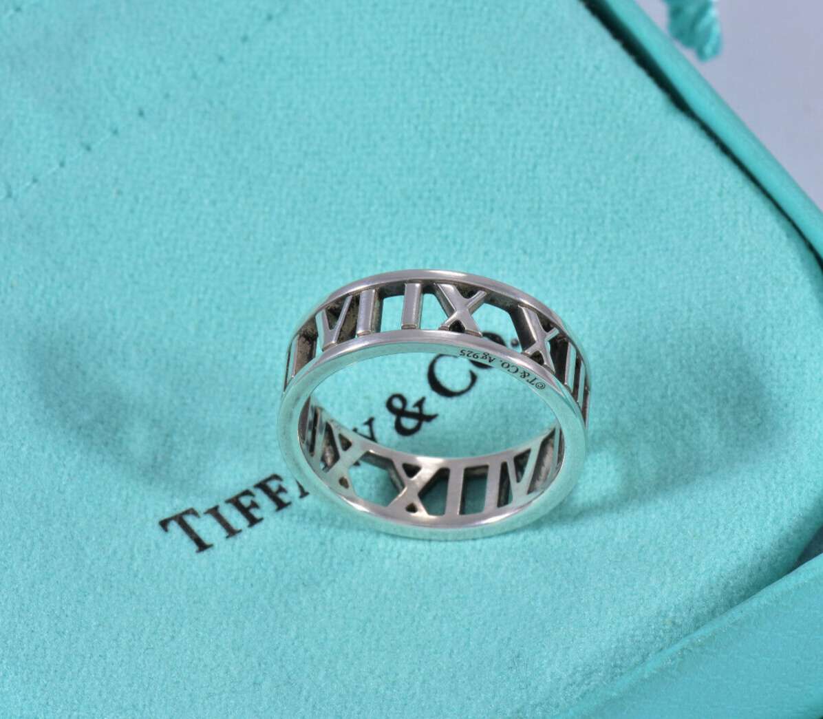 Size 6 Tiffany & Co Silver Atlas Numeral Wide Open Stencil Band Ring in Pouch