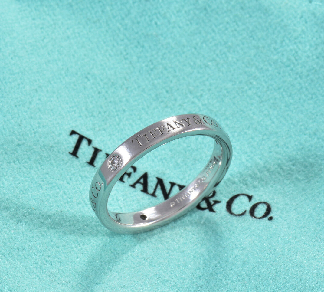 Size 8 Tiffany & Co Diamond Platinum Band 3mm Ring in Box Pouch .07 ct Classic