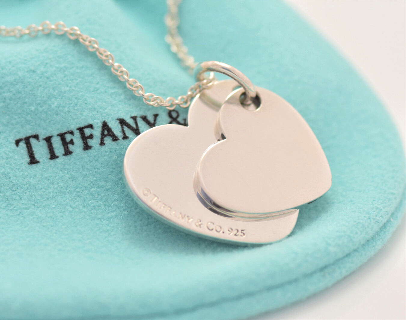 Tiffany & Co Silver Double Heart Tag Two Pendant Necklace 18.25" Chain in Pouch