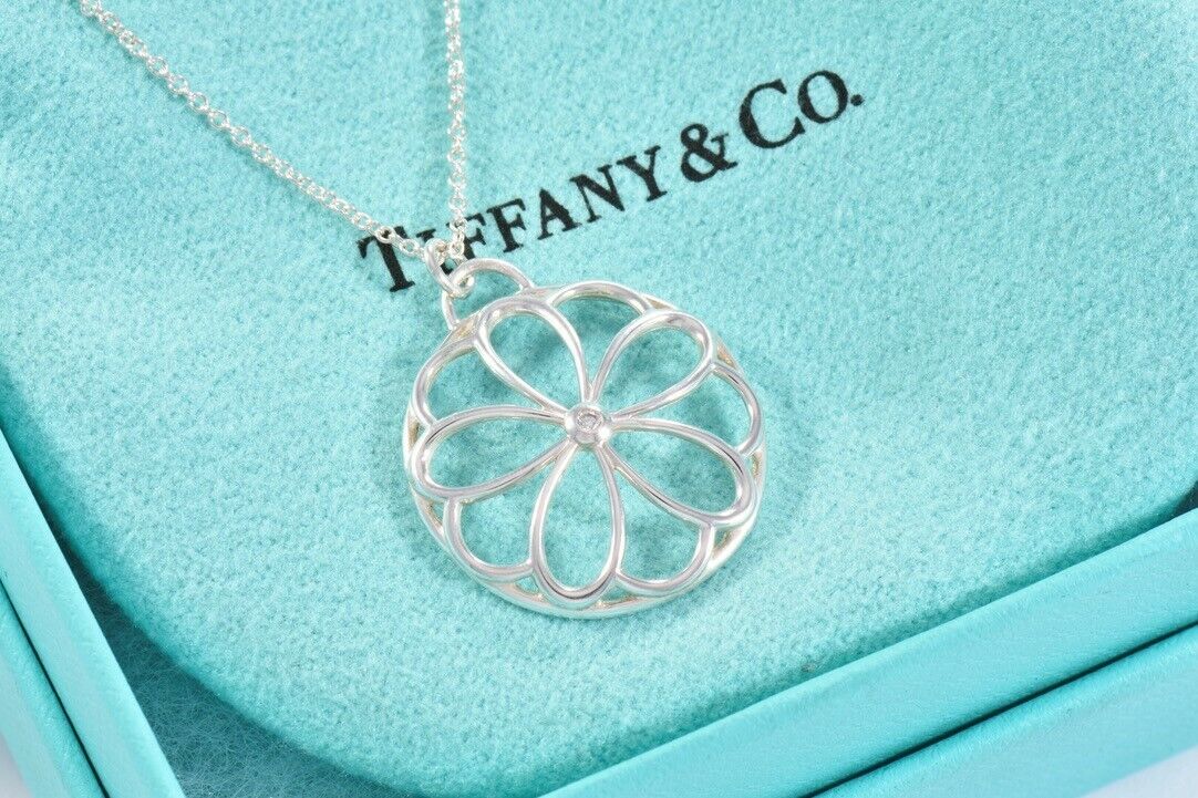 Tiffany & Co Silver Diamond Blossom Garden Flower Pendant 16.25" Necklace Pouch