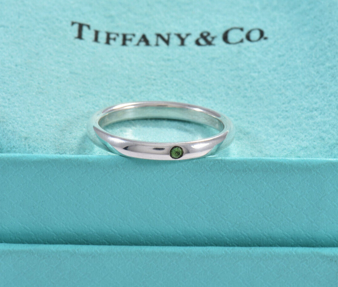 Tiffany & Co Silver Elsa Peretti Green Emerald Stack Ring Size 5.5 in Box Rare