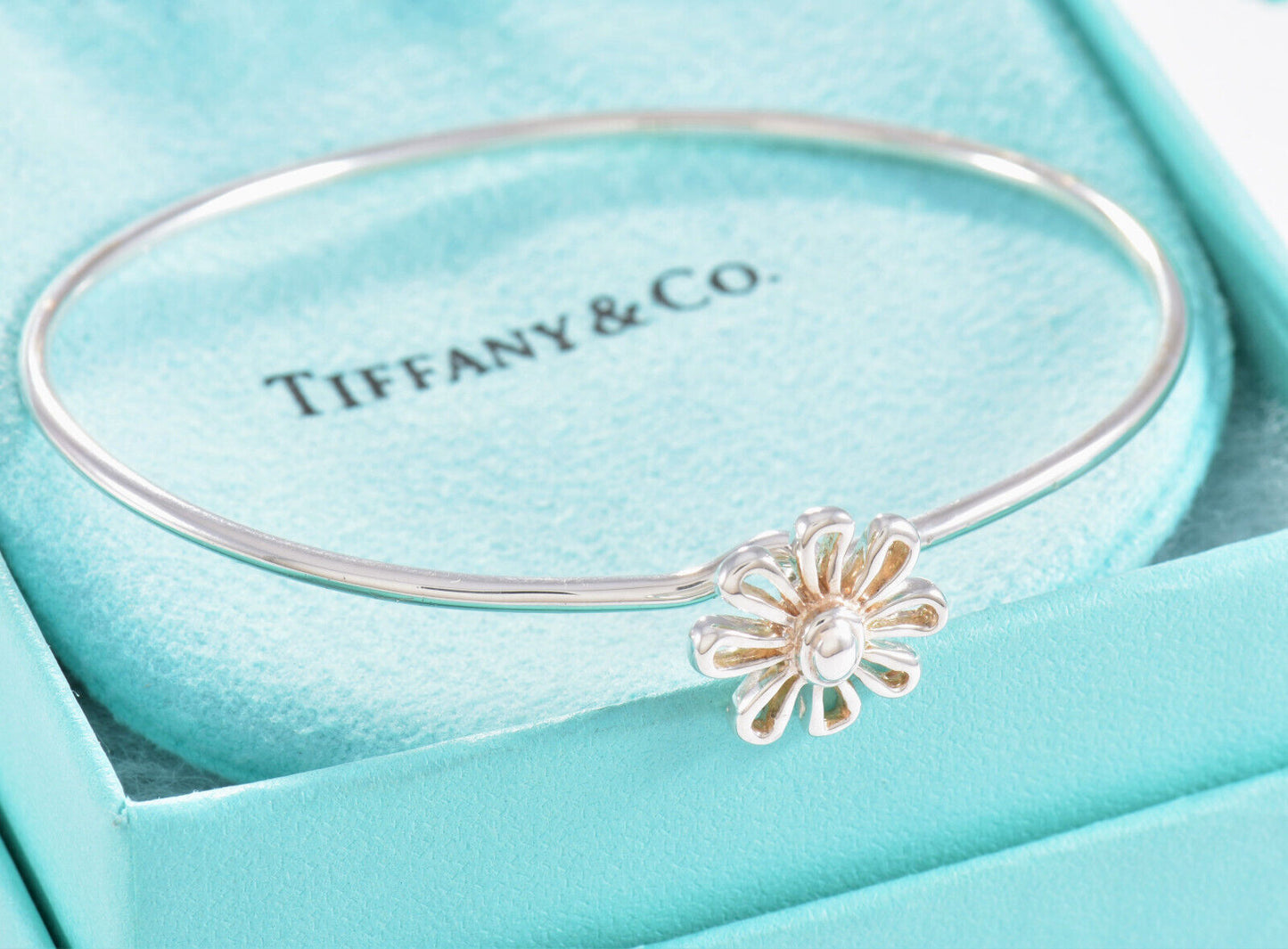 Boxed Tiffany & Co Silver Paloma Picasso Daisy Flower Charm Hook Bracelet Bangle