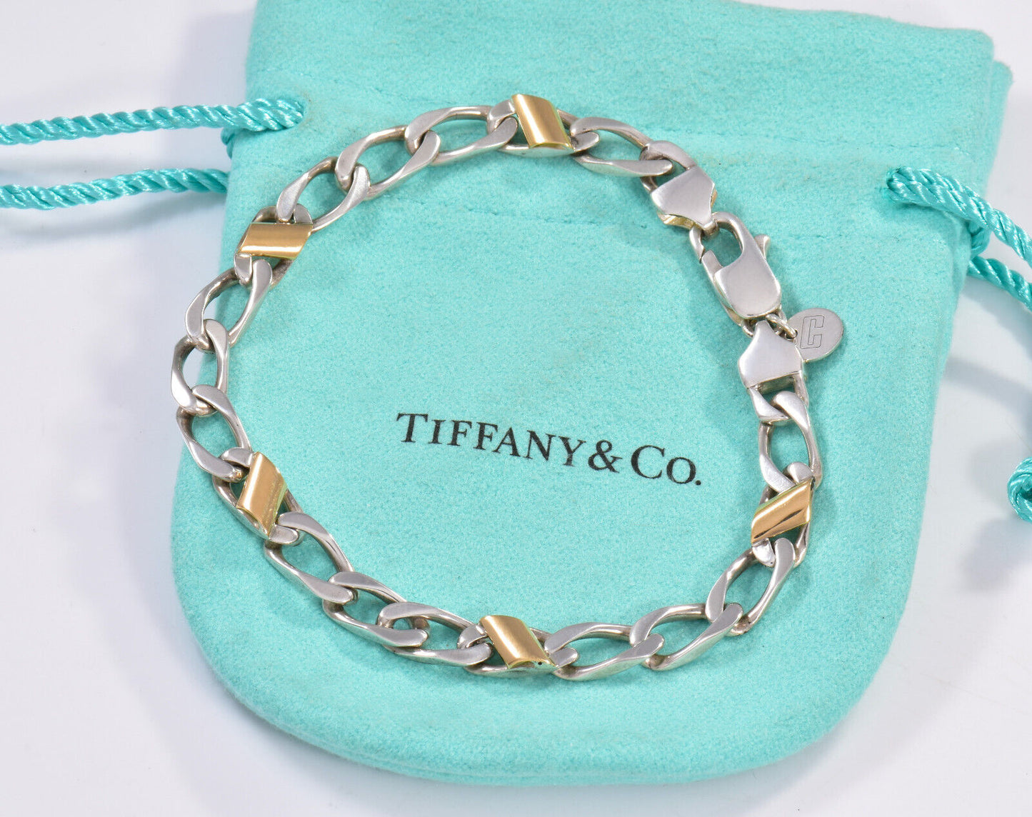 7.5" Tiffany & Co Sterling Silver 18K Gold Figaro Bracelet in Pouch Cuban Link