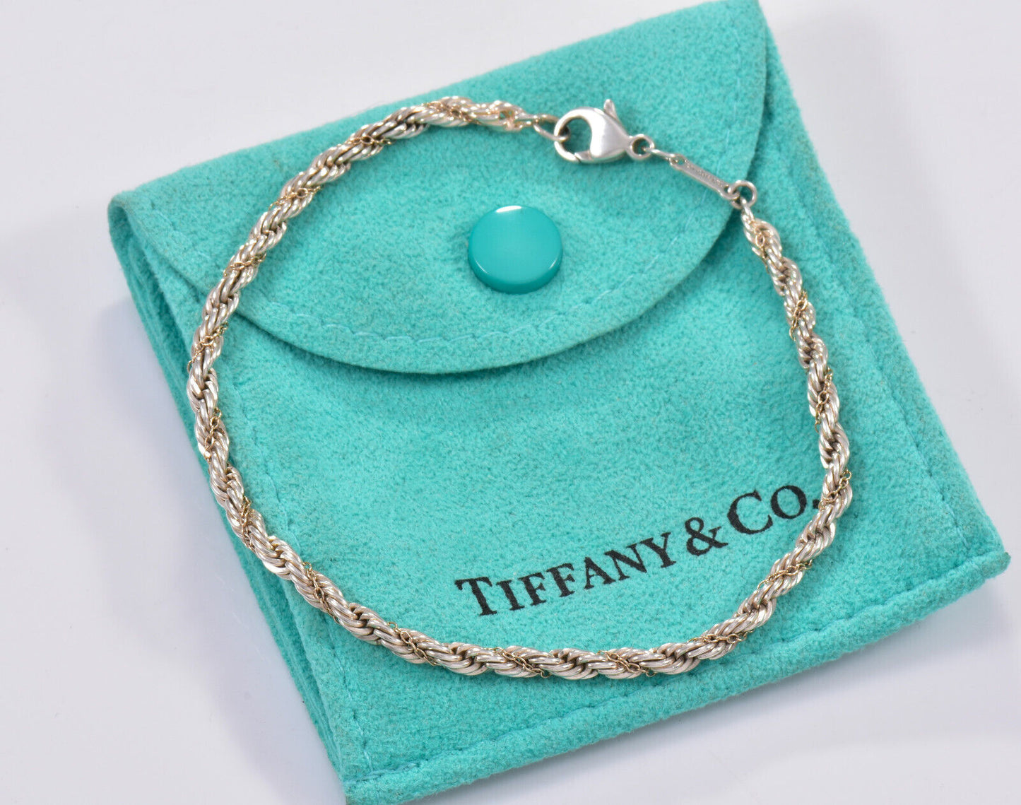 7.5" Vintage Tiffany & Co Silver Gold Thin 3.5mm Rope Chain Bracelet in Pouch