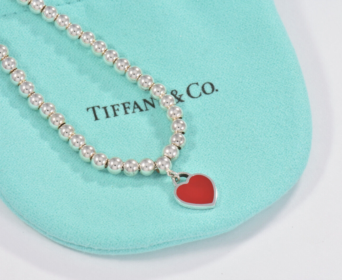 7" Please Return To Tiffany & Co Silver Red Enamel Heart Charm Bead Bracelet Box