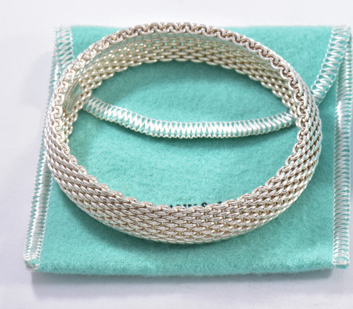 7.4” Tiffany & Co Silver Somerset Mesh Dome Bangle Bracelet in Box Pouch Ribbon