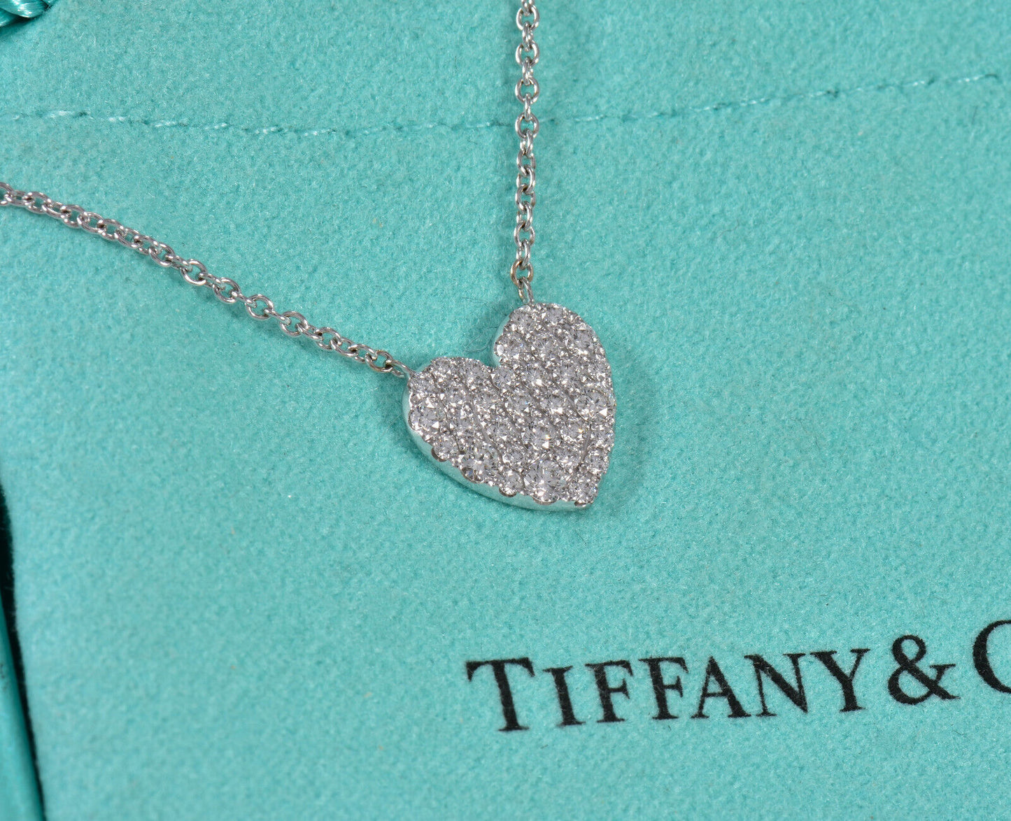 Tiffany & Co Diamond 18K White Gold Large Metro Heart Pendant Necklace Pave Rare