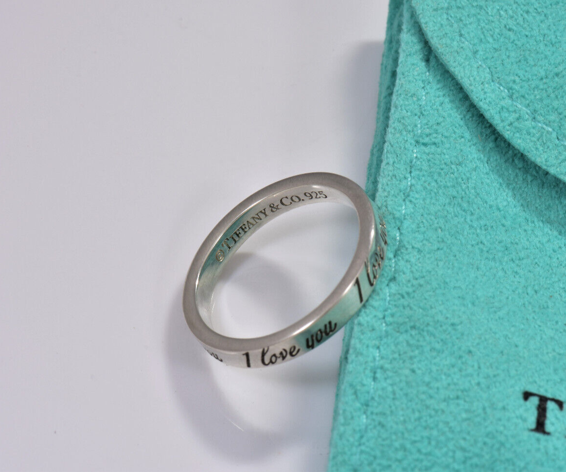 Size 6.5 Tiffany & Co Sterling Silver I Love You Notes Narrow Band Ring in Pouch