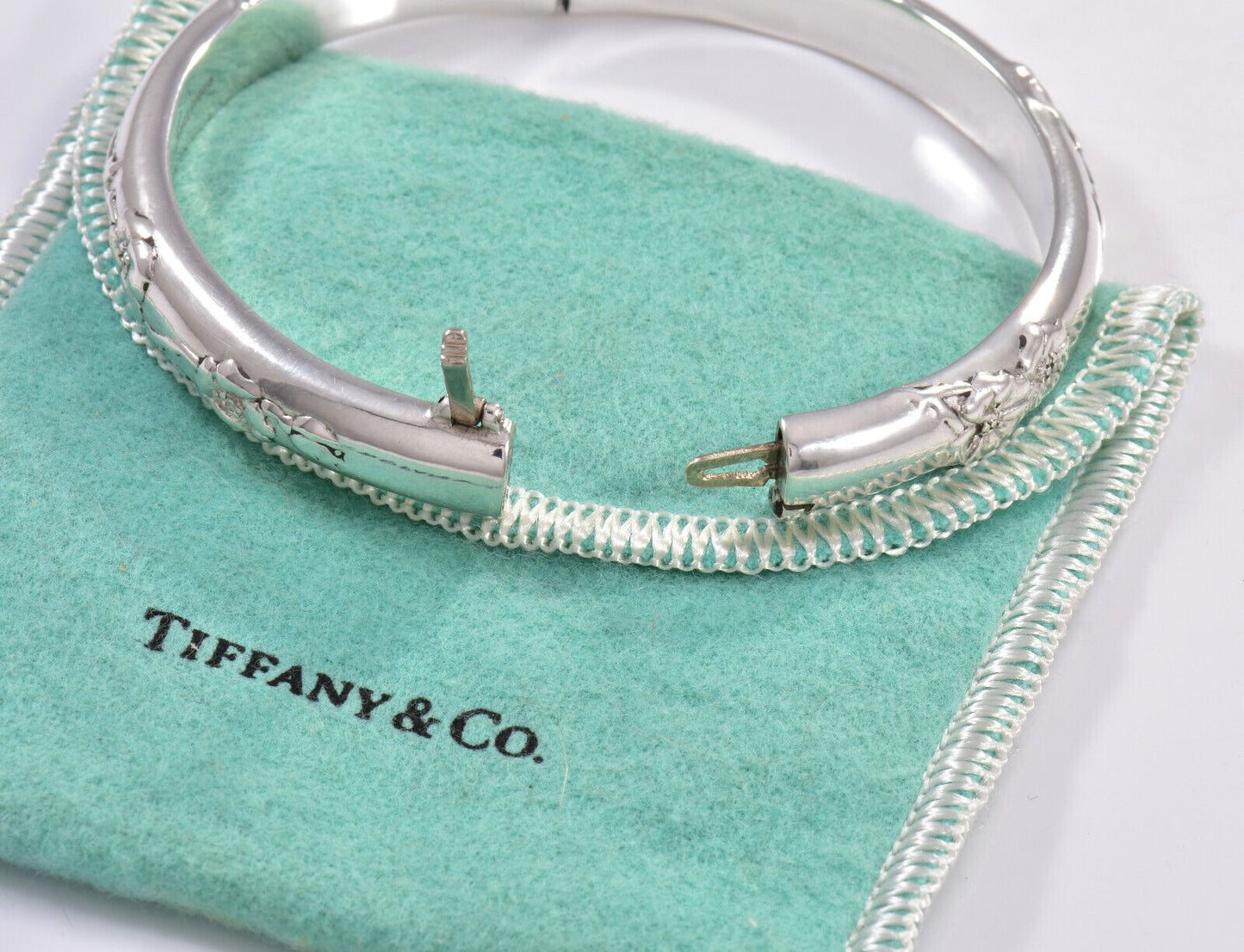 Tiffany & Co Silver Rose Flower Bangle Hinged Bracelet in Box Pouch Ribbon Rare