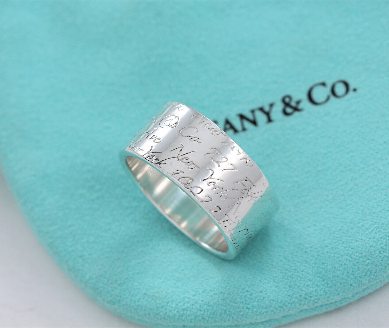 Tiffany & Co Silver Address Notes Script Wide Ring Size 6.5 Box Pouch 10mm Band