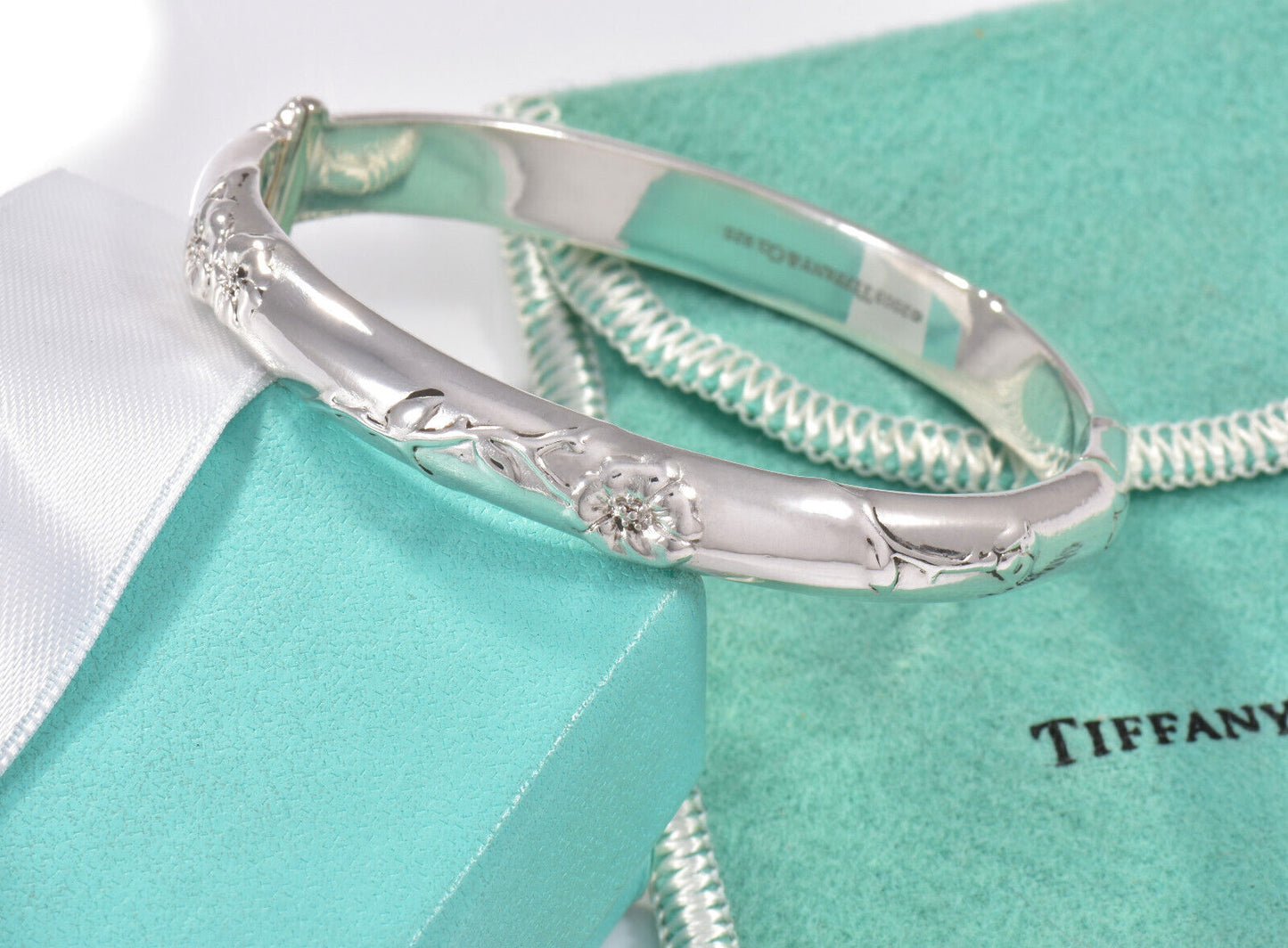 Tiffany & Co Silver Rose Flower Bangle Hinged Bracelet in Box Pouch Ribbon Rare