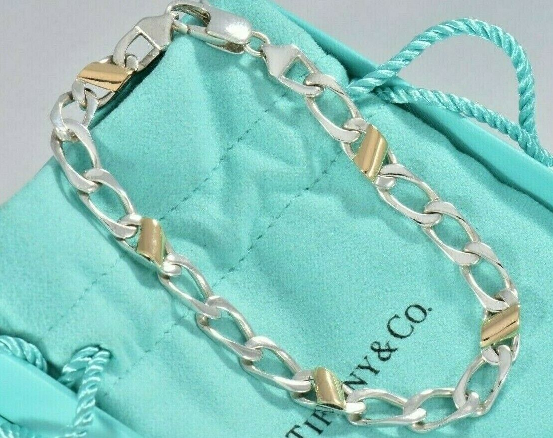 7.85" Tiffany & Co Sterling Silver 18K Gold Figaro Bracelet in Pouch Cuban Link