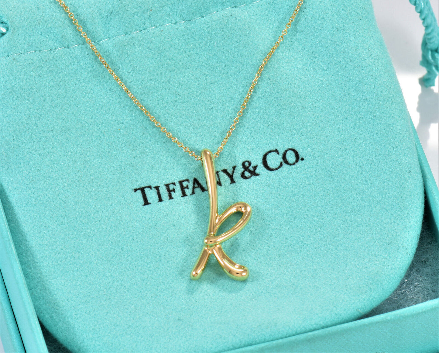 Boxed Tiffany & Co 18K Yellow Gold Elsa Peretti Letter K Pendant 16.25" Necklace