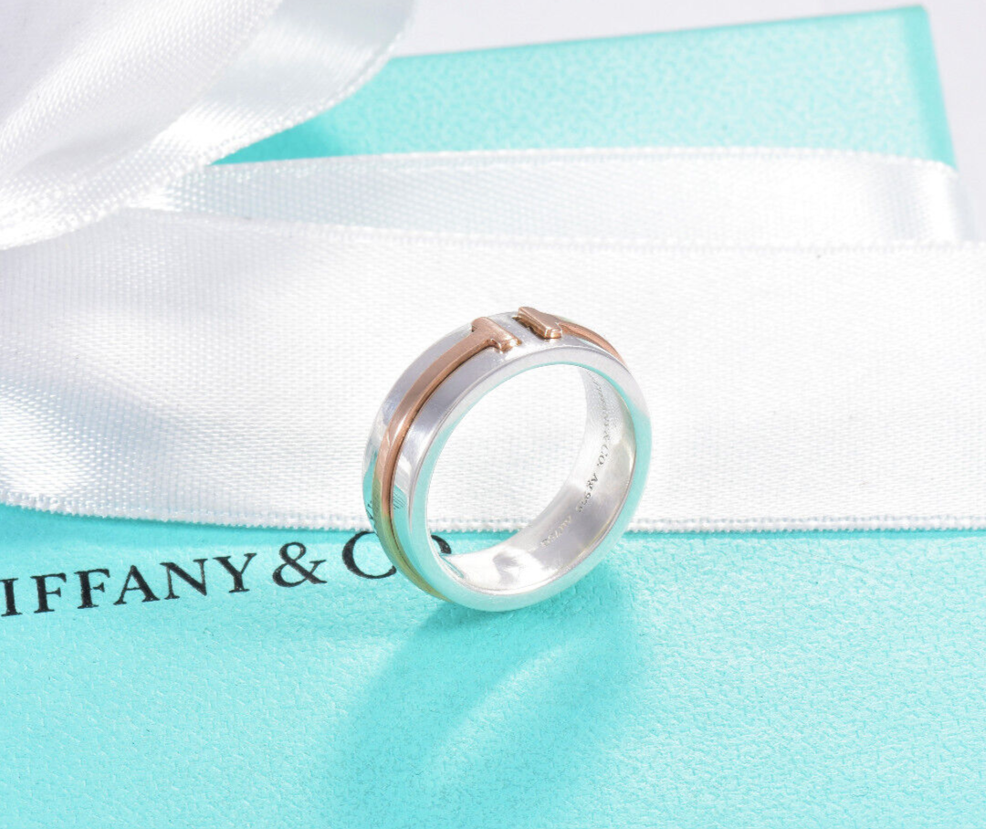 Size 5 Tiffany & Co 18k Rose Gold Silver T Square 6mm Wide Band Ring & Box Pouch