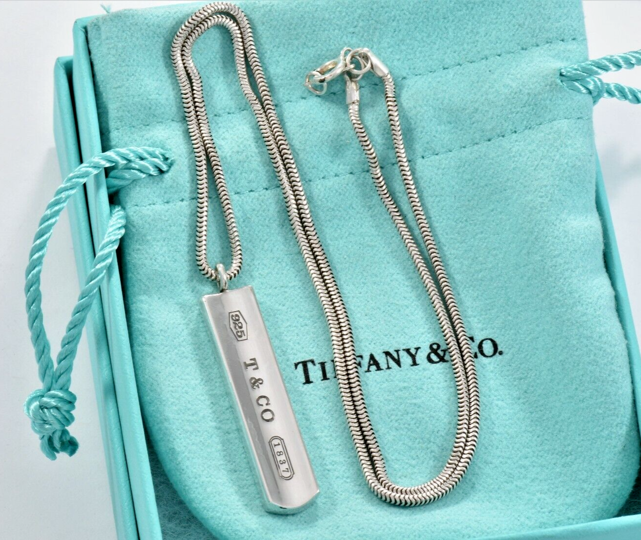 Tiffany & Co Sterling Silver 1837 Bar Pendant 18" Snake Chain Necklace in Pouch