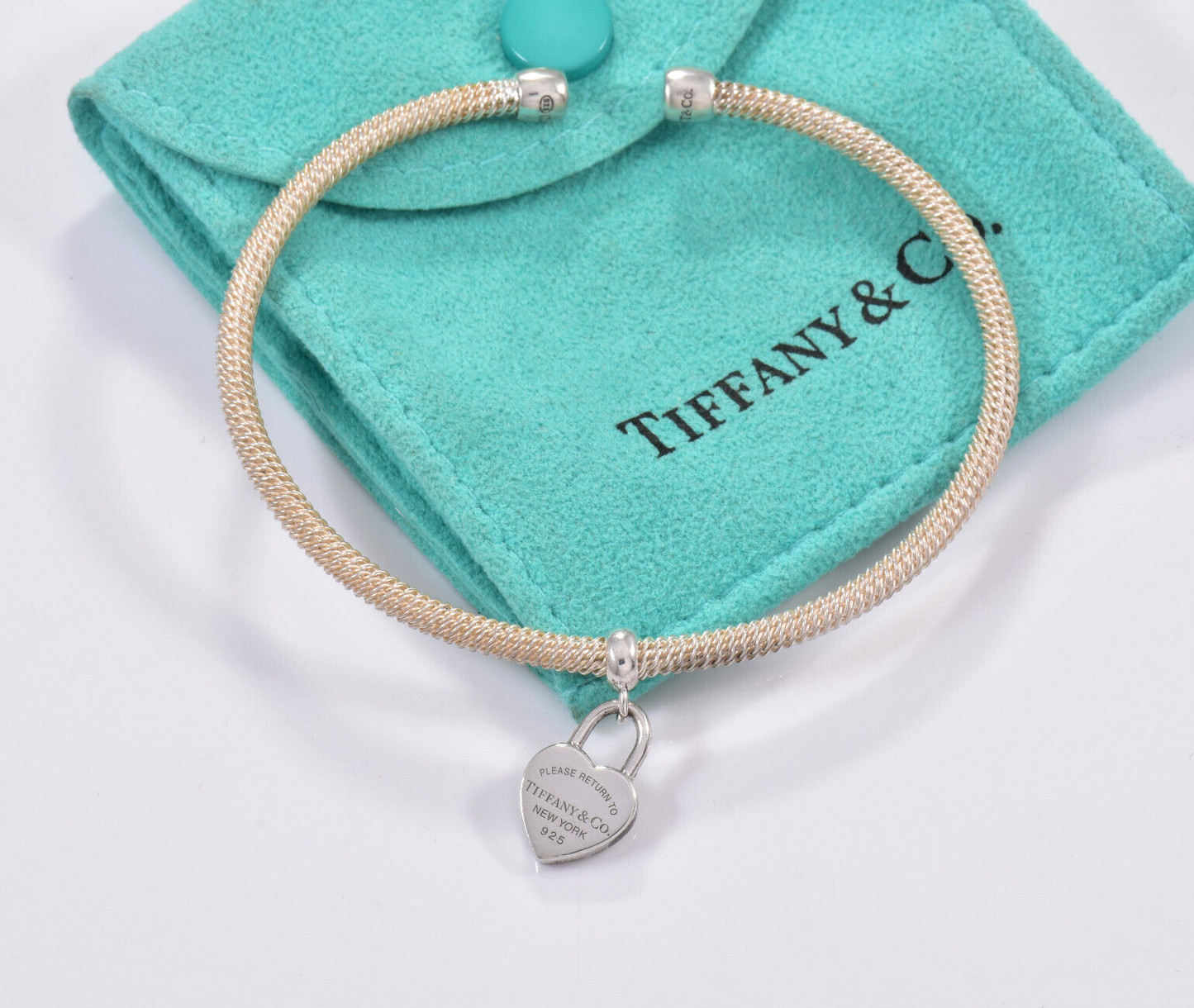 Please Return Tiffany & Co Silver Dangling Heart Lock Charm Mesh Cuff Bracelet