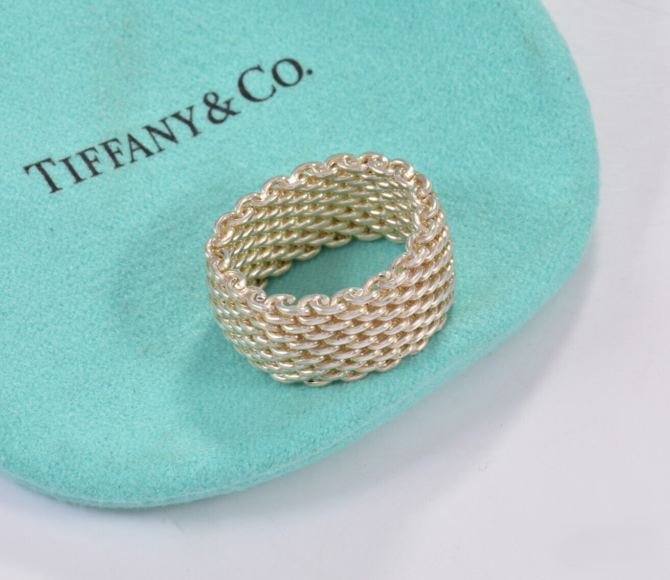 Size 6.5 Tiffany & Co Somerset Sterling Silver Mesh Love Ring & Pouch Lovely