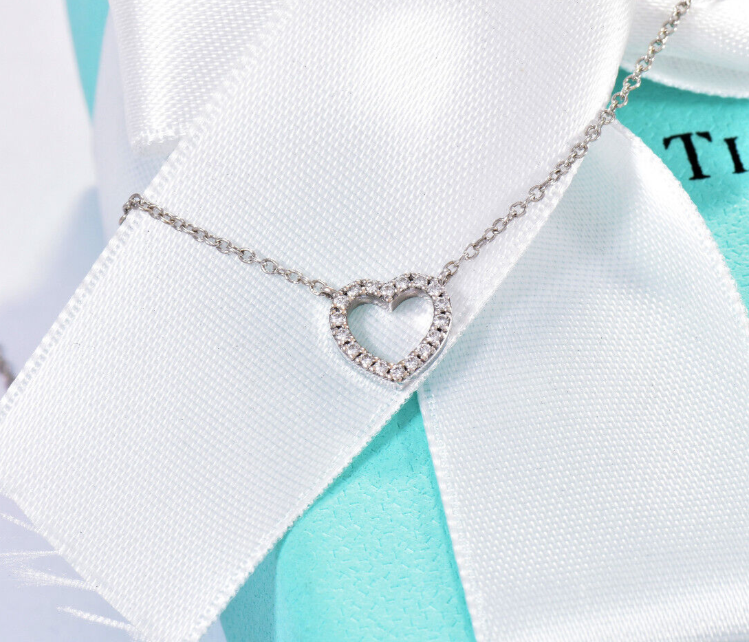 Tiffany & Co Diamond 18K White Gold Metro Heart Pendant 16.75" Necklace in Box