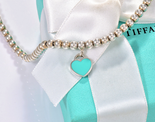 18" Please Return To Tiffany & Co Silver Blue Enamel Heart Pendant Bead Necklace