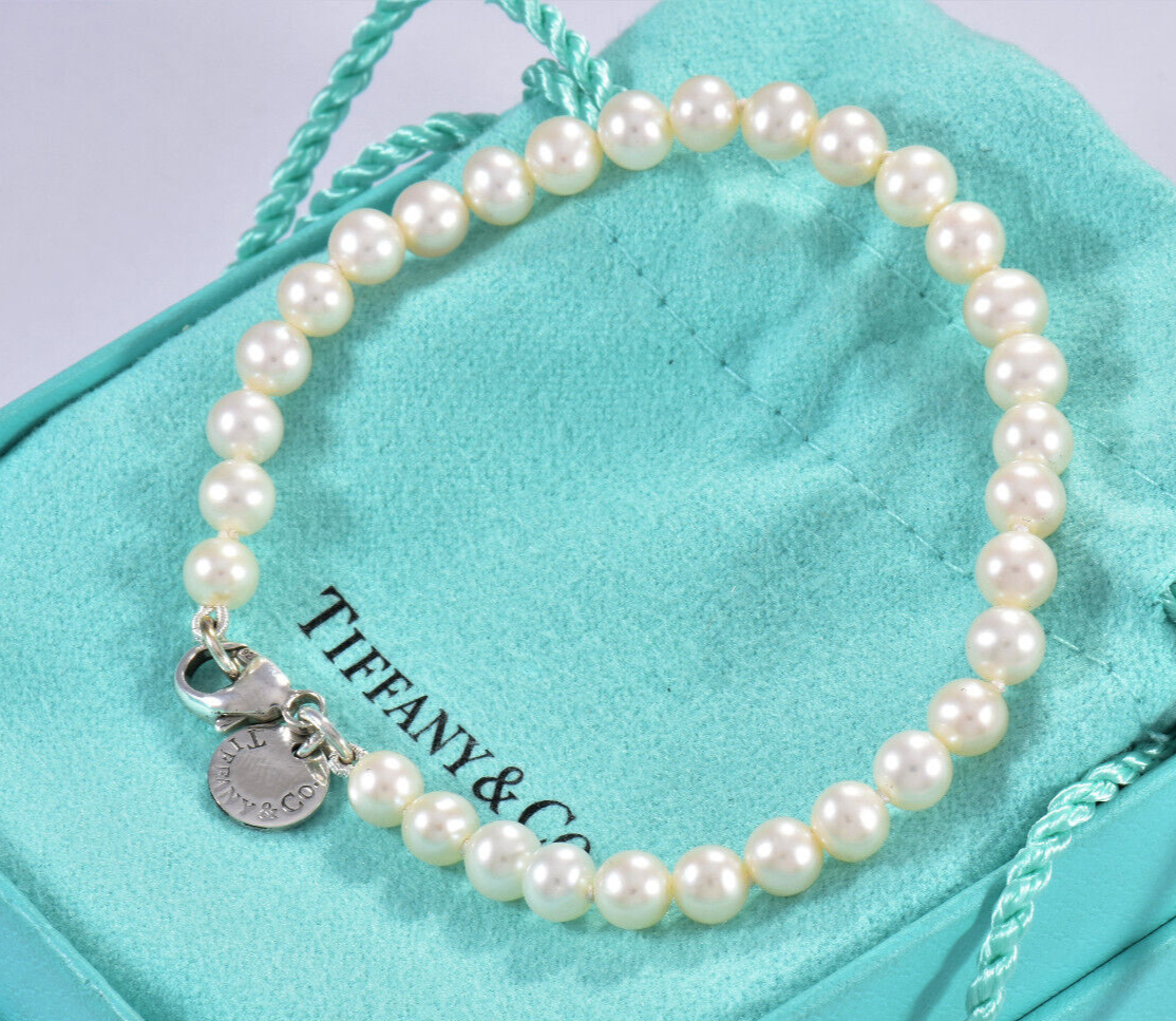 Tiffany & Co Sterling Silver Ziegfeld 5mm Pearl Bead Bracelet in Box Pouch Rare