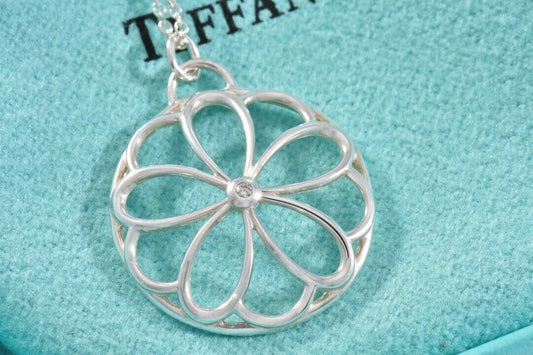 Tiffany & Co Silver Diamond Blossom Garden Flower Pendant 16.25" Necklace Pouch