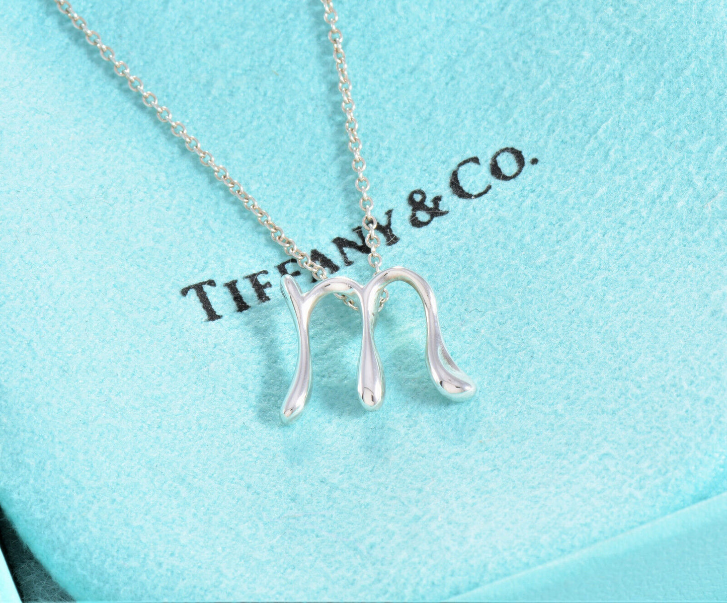 Tiffany & Co Silver Elsa Peretti Alphabet Letter M Necklace in Box Pouch Lovely