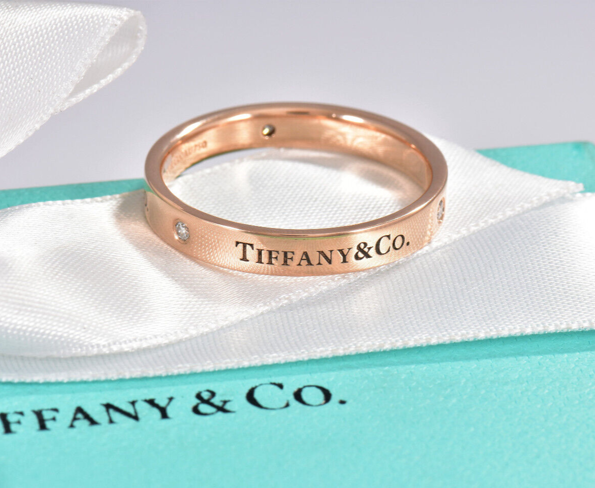 Size 5.5 Tiffany & Co Rose Gold Three Diamond 3mm Band Ring in Box Pouch Lovely