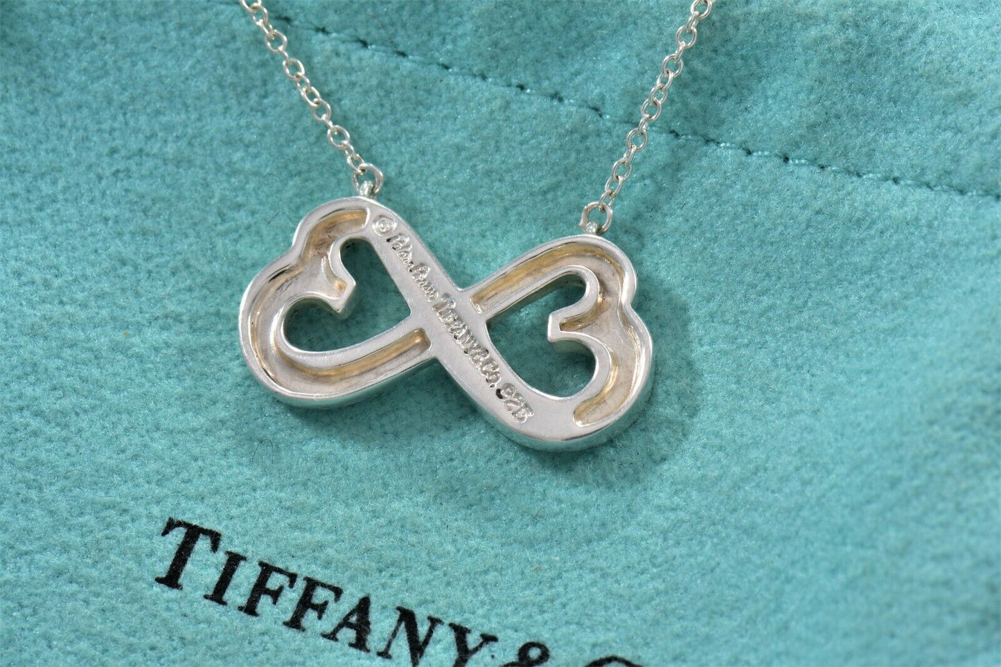 19" Tiffany & Co Paloma Picasso Double Loving Heart Infinity Necklace in Pouch