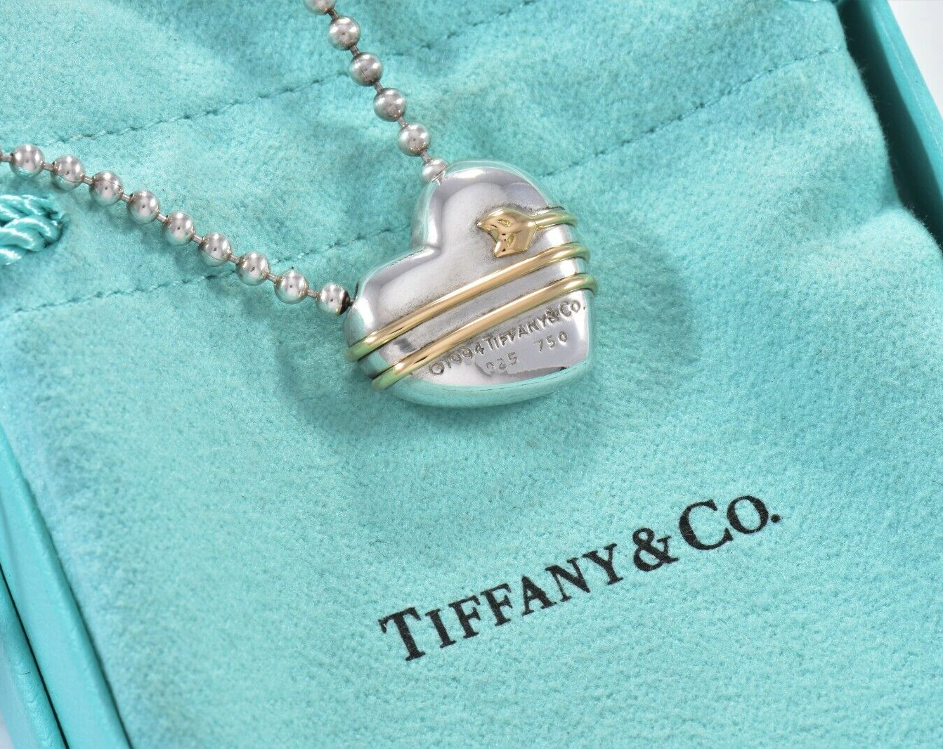 Vintage 1994 Tiffany & Co 18k Gold Silver Heart Arrow Pendant Bead Necklace Rare