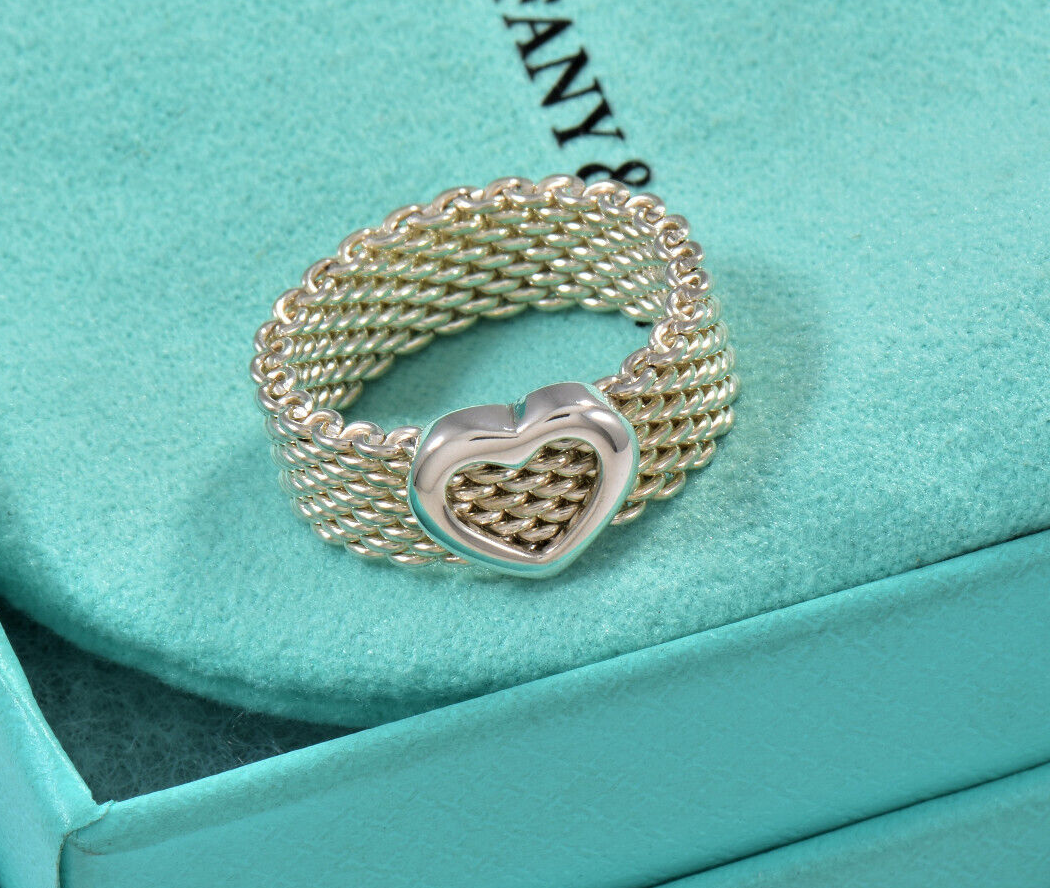 Size 8 Tiffany & Co Sterling Silver Heart Mesh Love Ring in Pouch Rare Lovely