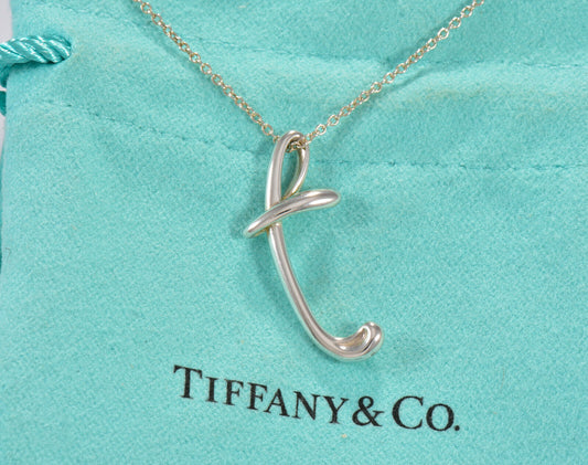 Tiffany & Co Silver Elsa Peretti Alphabet Letter T Necklace in Box Pouch Lovely