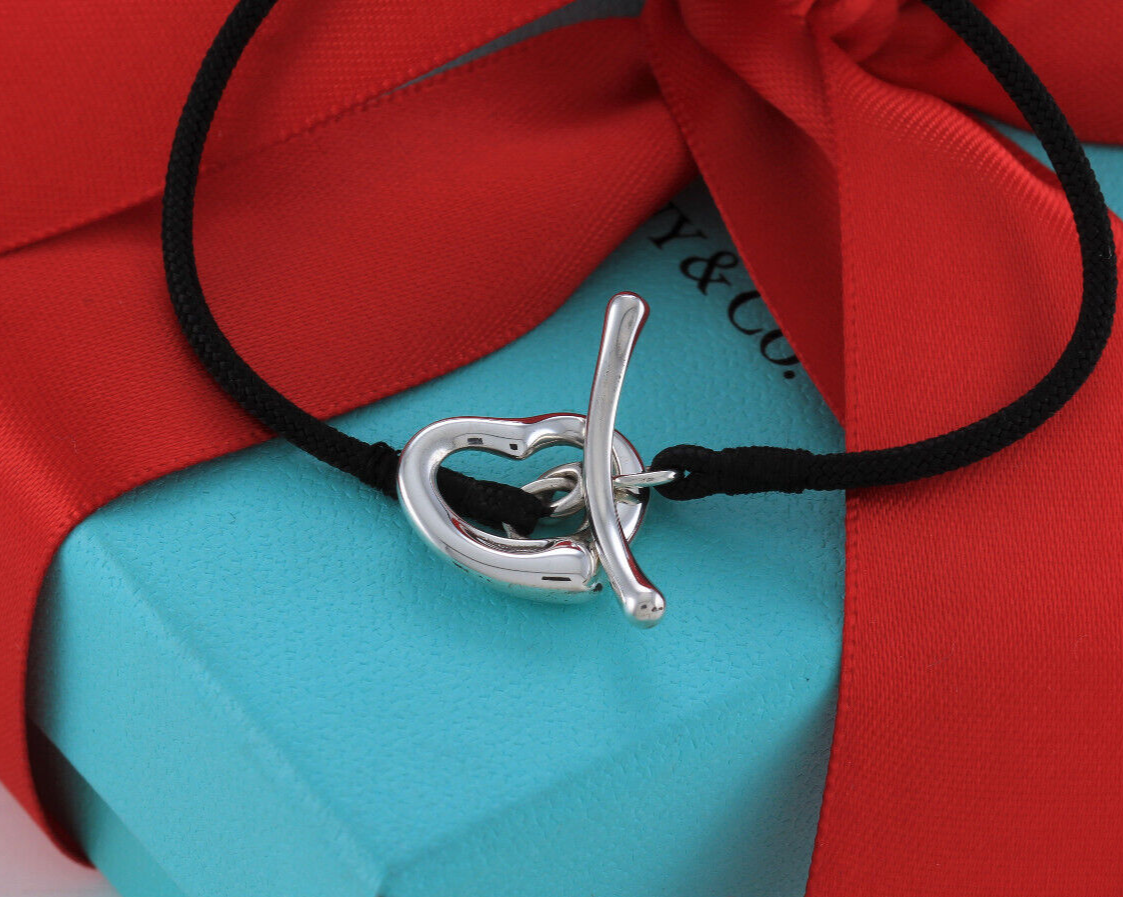 7.25" Tiffany & Co Silver Elsa Peretti Open Heart Silk Toggle Bracelet Box Pouch