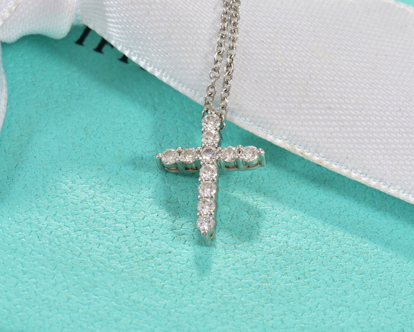 Tiffany & Co .21ct Diamond Platinum Cross Pendant 16.25" Necklace in Box Pouch