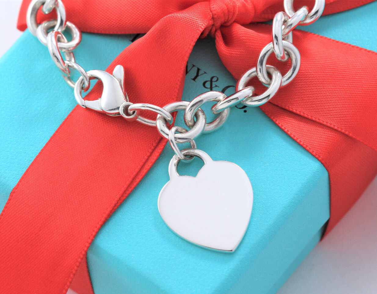 7.5" Tiffany & Co Silver Blank Engraveable Heart Tag Charm Bracelet Chain Link