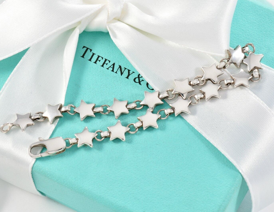 7.55 Vintage Tiffany & Co Sterling Silver Star Chain Link Bracelet in Pouch Rare