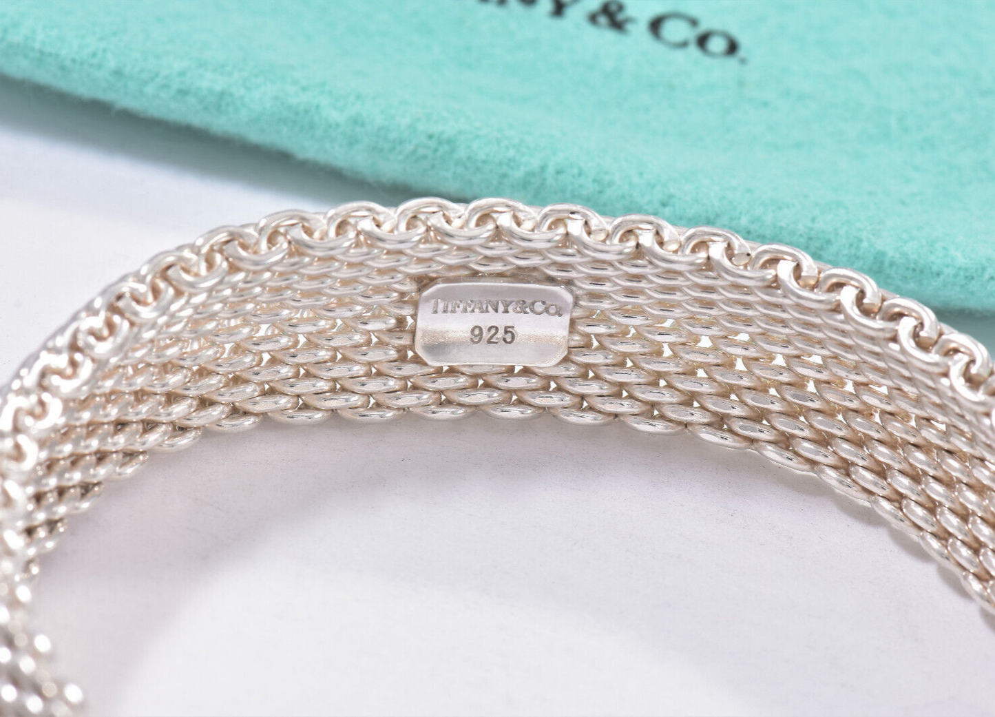 7.4” Tiffany & Co Silver Somerset Mesh Dome Bangle Bracelet in Box Pouch Ribbon