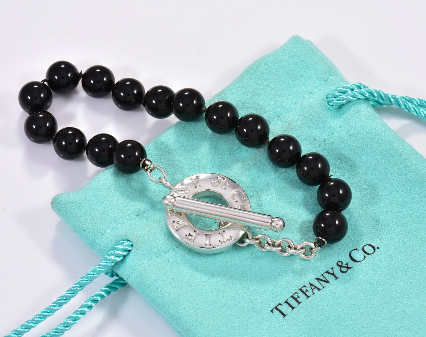 8" Tiffany & Co Silver Black Onyx 8mm Bead Toggle Bracelet in Pouch Large Rare