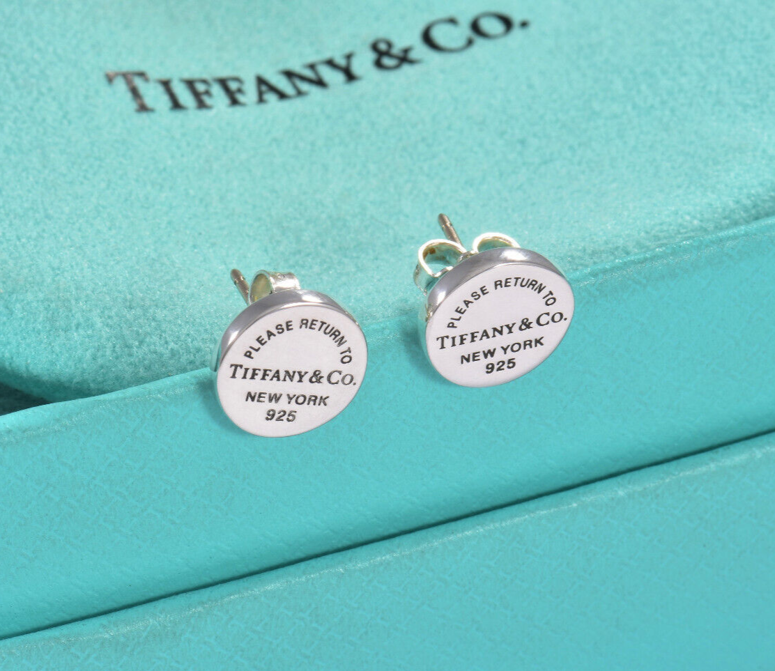 Please Return To Tiffany & Co Silver Circle Stud Earrings in Box Pouch Ribbon