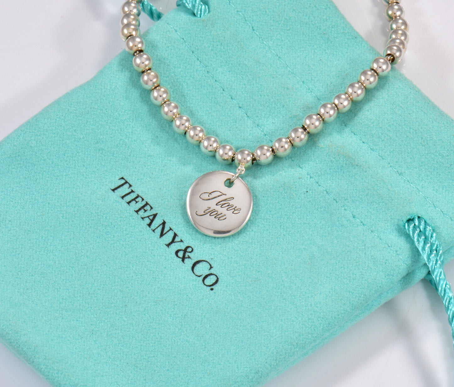 7" Tiffany & Co Silver I Love You Round Tag Bead Chain Bracelet with Pouch Rare