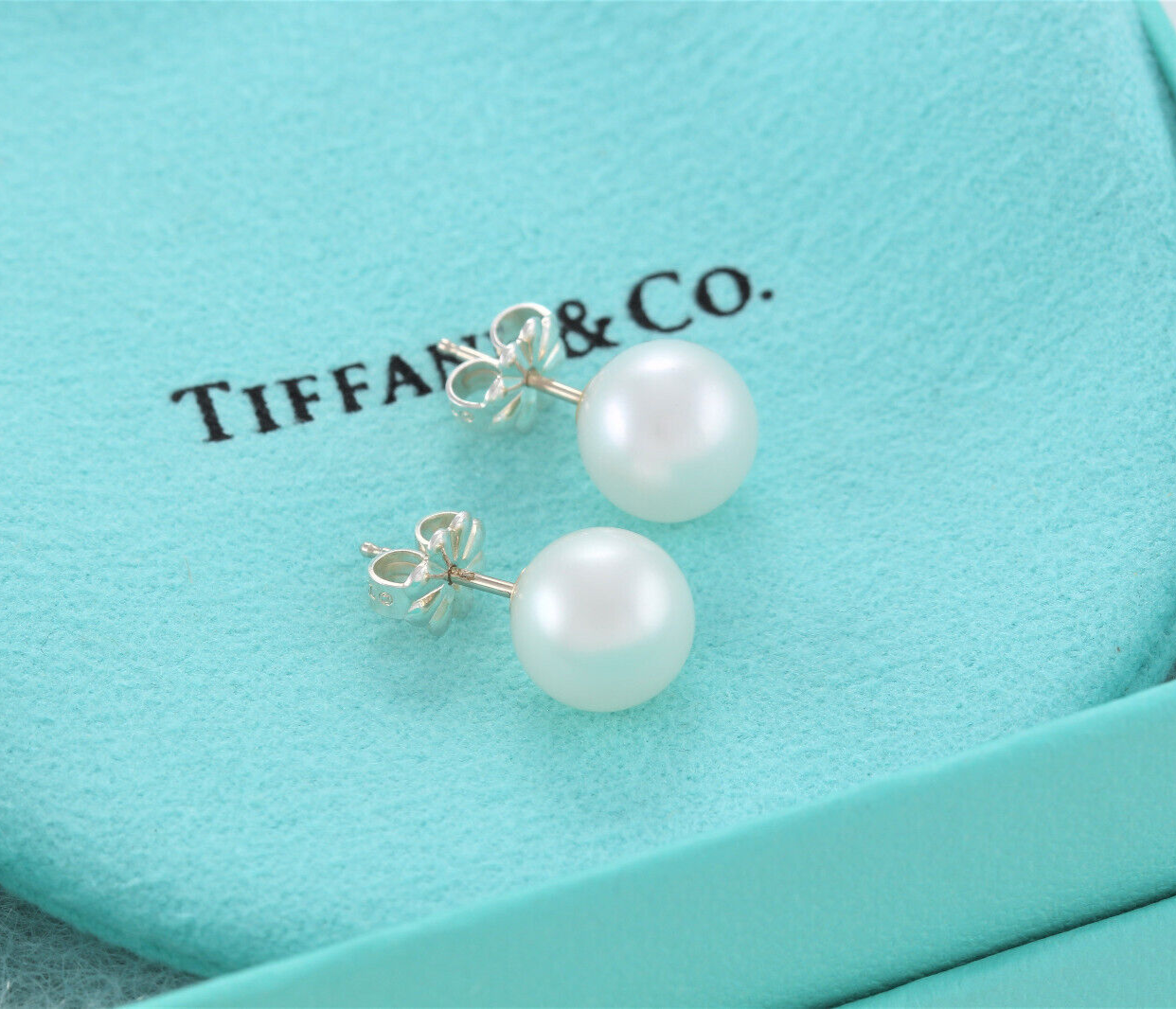 Tiffany & Co Silver Ziegfeld Pearl 9mm Bead Earrings in Box Pouch Ribbon Lovely