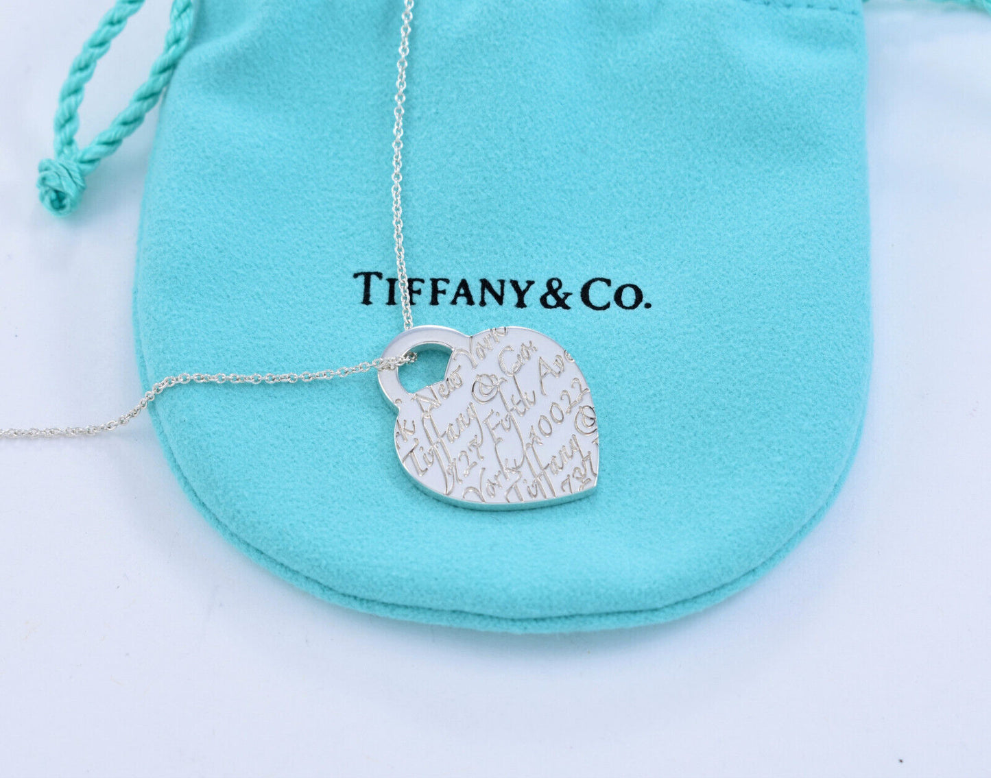 Tiffany & Co Silver Large 1" NY Adress Notes Heart Pendant 18" Necklace in Box