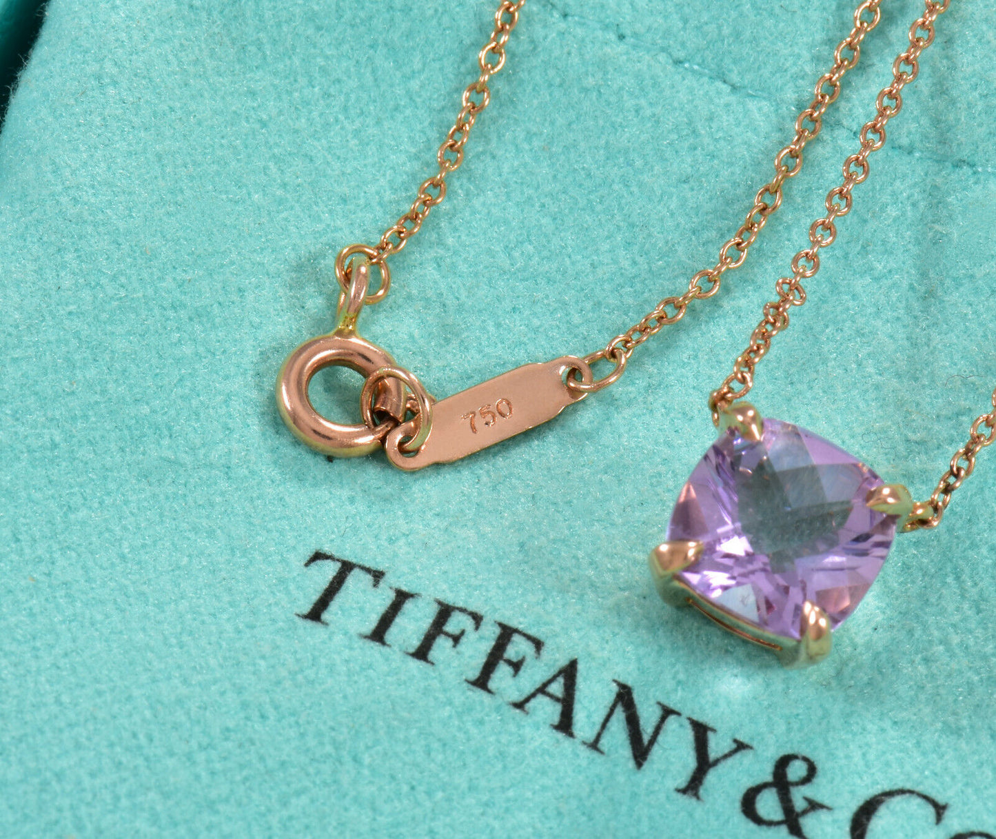 Tiffany & Co 18K Rose Gold Amethyst Square Sparkler Pendant 16" Necklace in Box