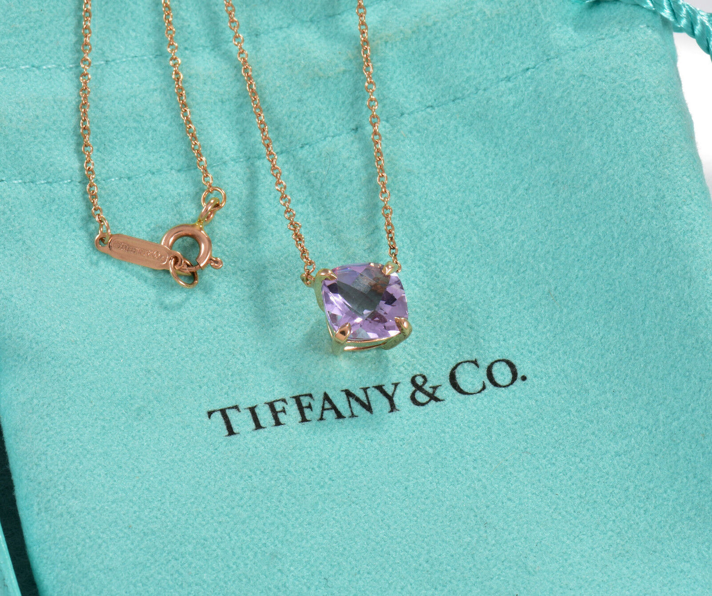 Tiffany & Co 18K Rose Gold Amethyst Square Sparkler Pendant 16" Necklace in Box