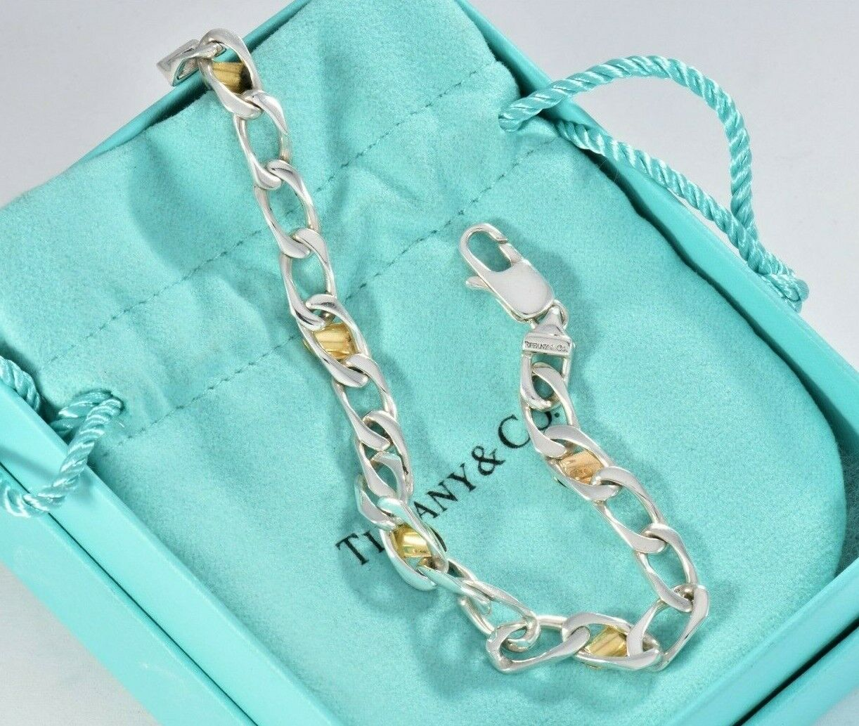 7.85" Tiffany & Co Sterling Silver 18K Gold Figaro Bracelet in Pouch Cuban Link