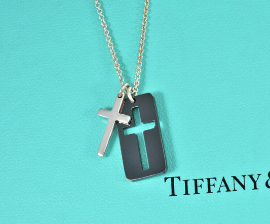 Tiffany & Co Silver Black Titanium Cross Pendant 20" Necklace in Pouch Rare Mens