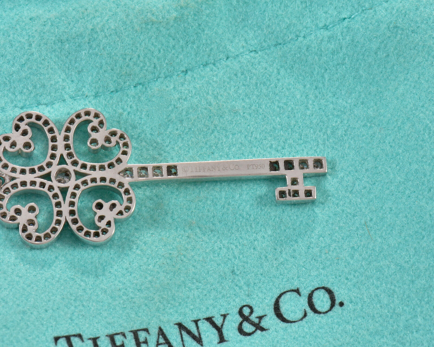 Tiffany & Co Diamond Platinum 35mm Quatra Heart Key Pendant 16" Necklace in Box