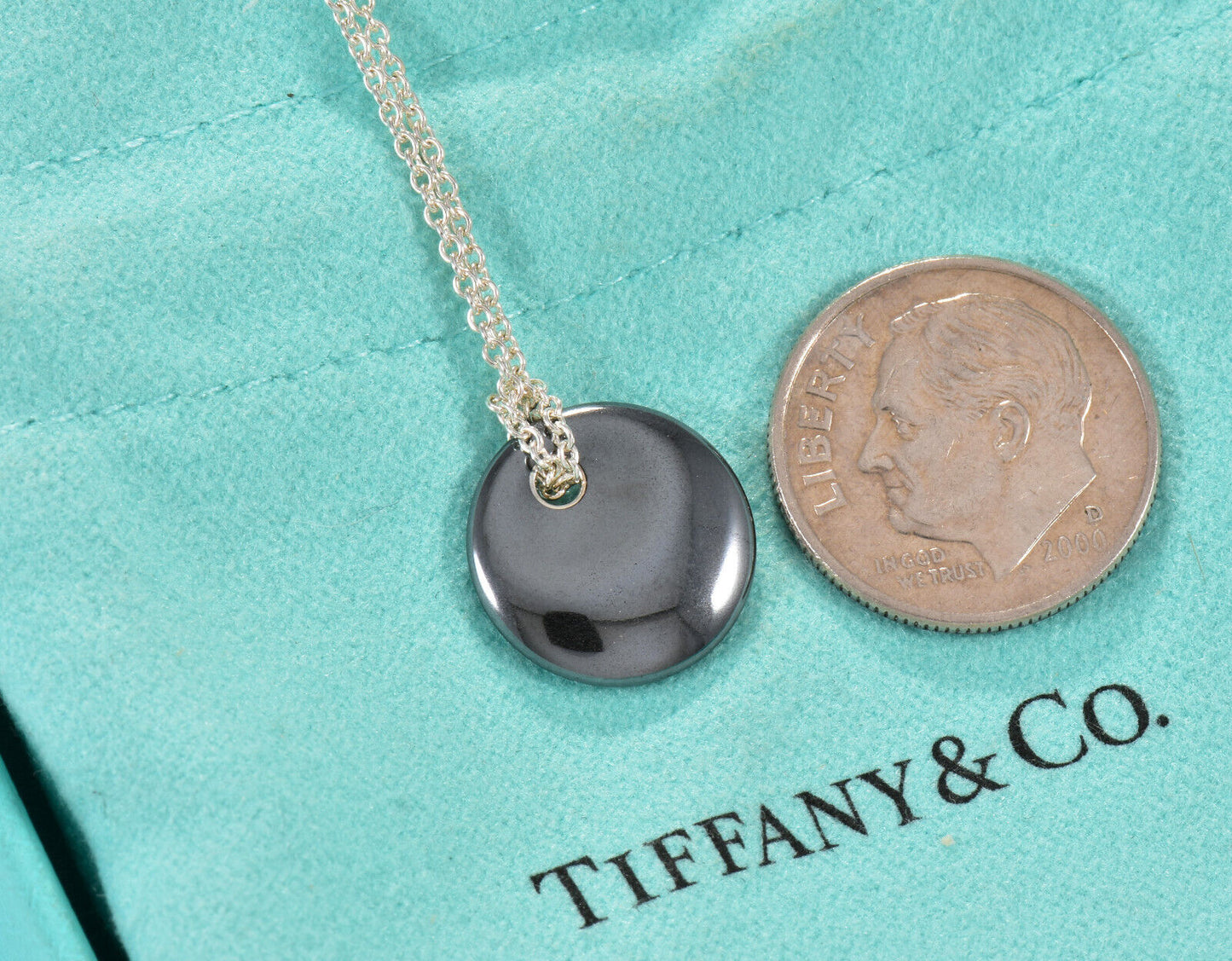 Tiffany & Co Silver Elsa Peretti Hematite Round Disk Pendant Necklace Box Pouch