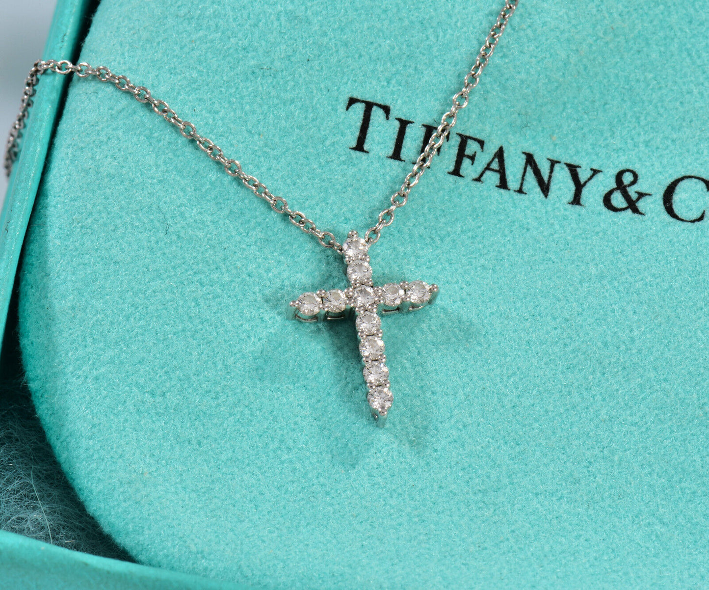 Tiffany & Co .21ct Diamond Platinum Cross Pendant 16.25" Necklace in Box Pouch