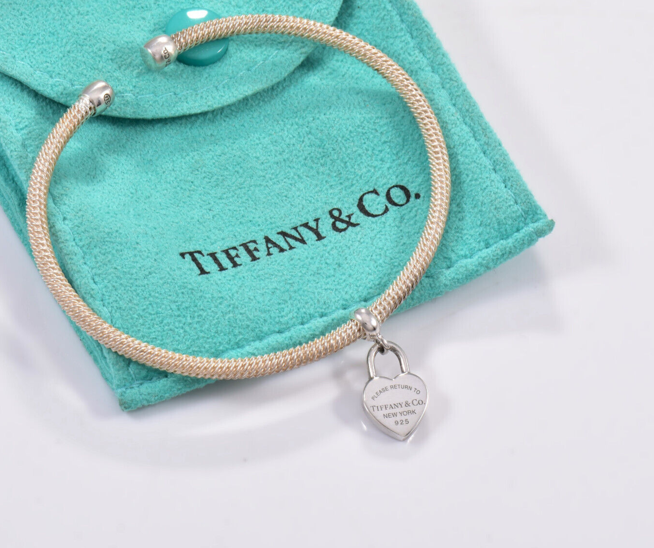 Please Return Tiffany & Co Silver Dangling Heart Lock Charm Mesh Cuff Bracelet