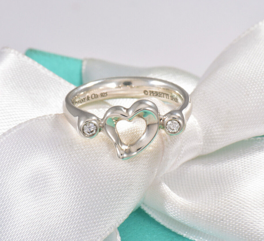 Size 5.5 Tiffany & Co Diamond Silver Elsa Peretti Open Heart Ring in Box Pouch